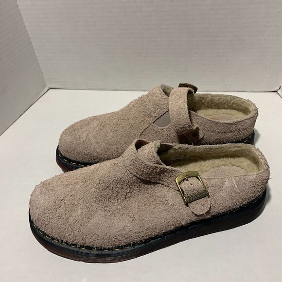 Dr Martens Isham Men\'s Sz 13 Taupe Long Napped Suede Buckle Fur Lined Clog